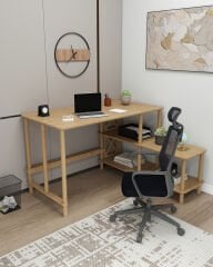 CMDWOOD TAVALO Çalışma Masası – Ahşap Ayaklı, Mdf Tabla, Etejerli Ve 2 Raflı, Ofis Ve Ev Için Tasarım