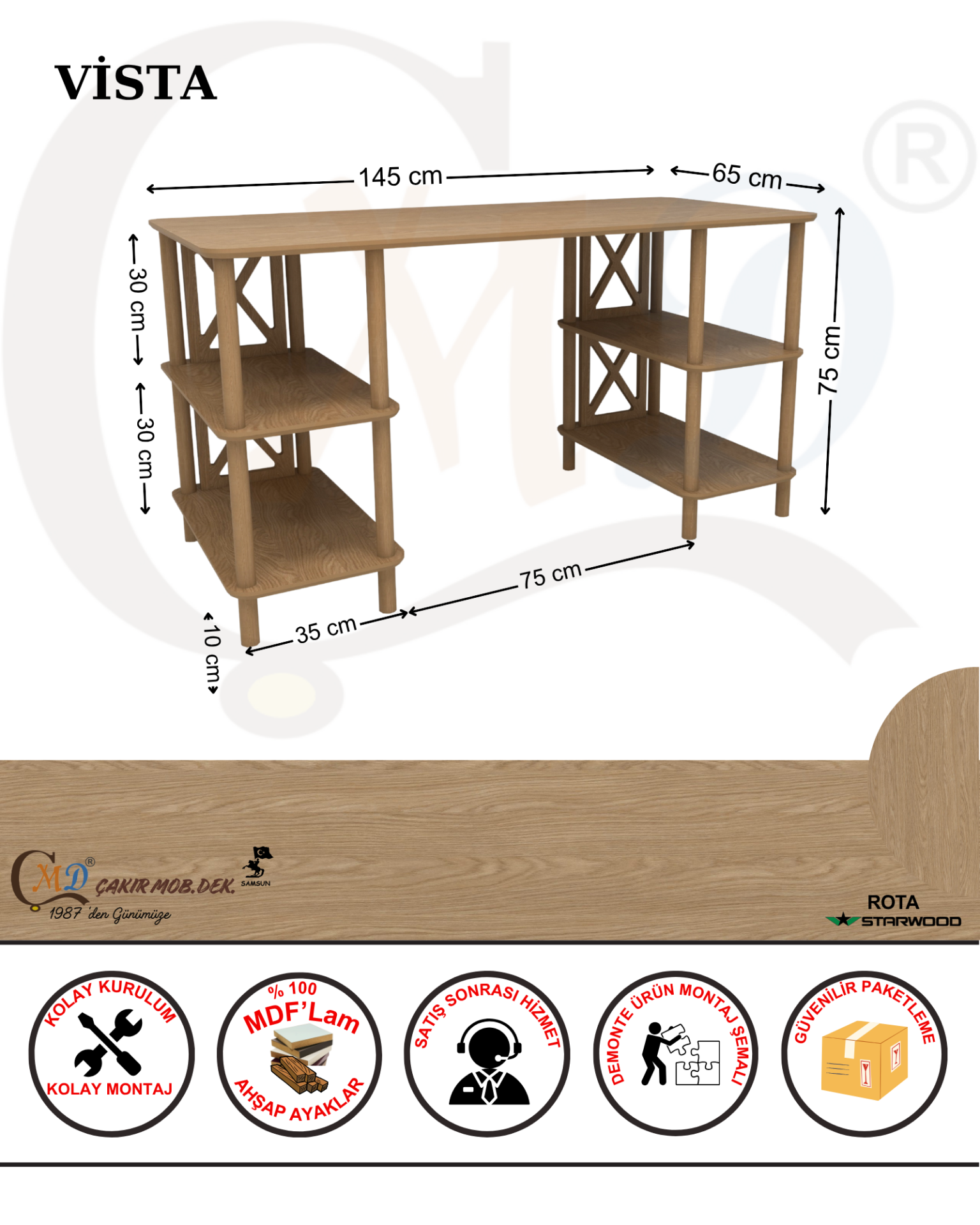 CMDWOOD VİSTA Çalışma Masası – Mdf'lam & Ahşap Ayaklı | 4 Raflı | Minimalist & Fonksiyonel Tasarım